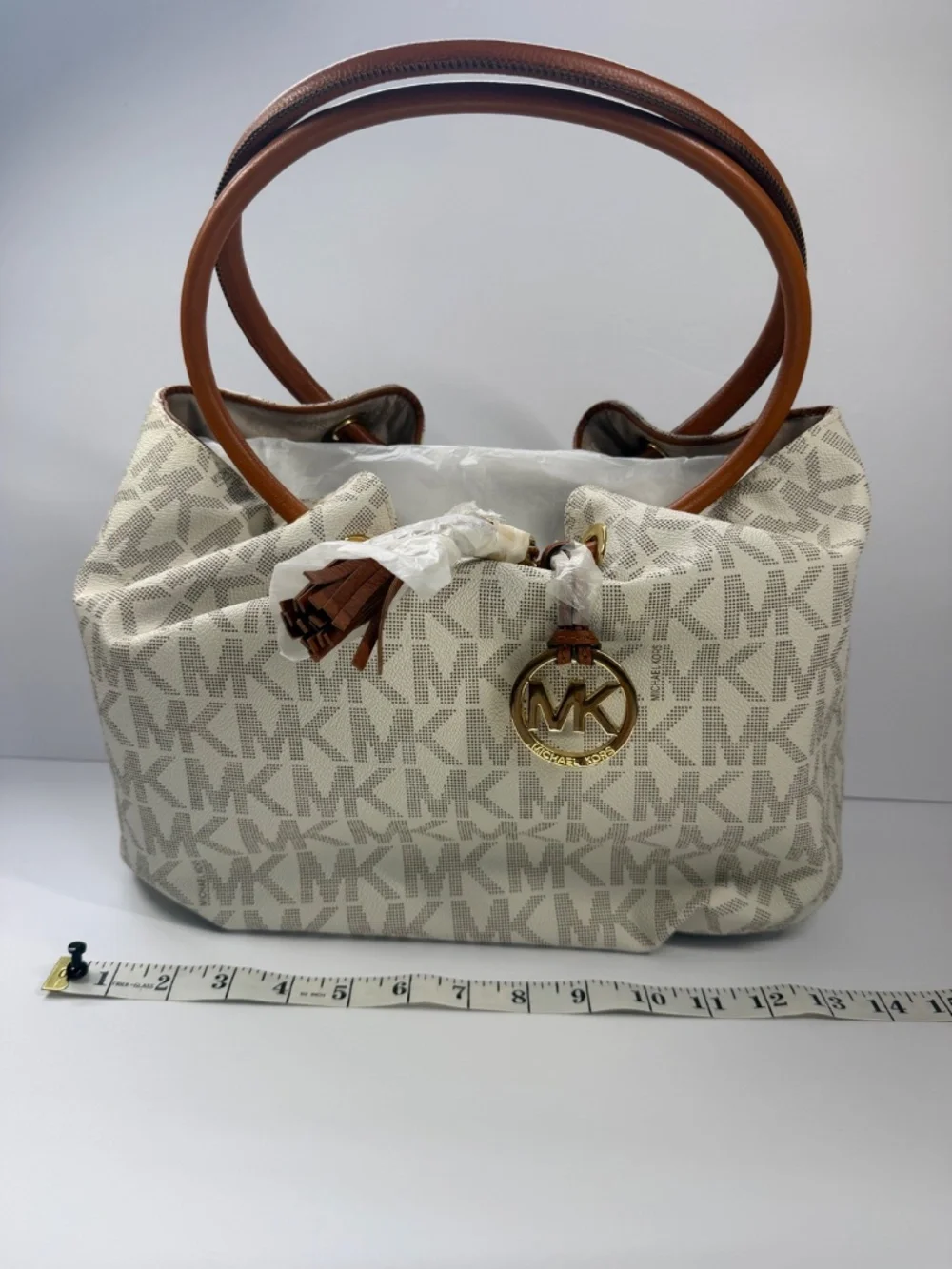 Michael Kors Medium Ring Tote PVC Signature Shoulder Bag Handbag Purse in White